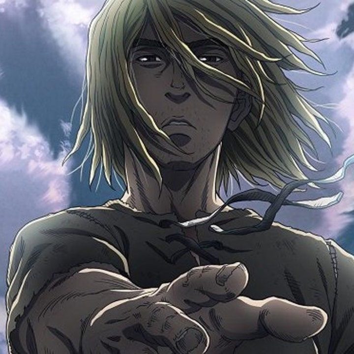 A exhausted Thorfinn reaching out with the sky in the background in Vinland Saga season 2 key art.