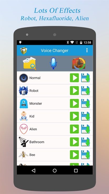 Voice Changer app special effects pane.