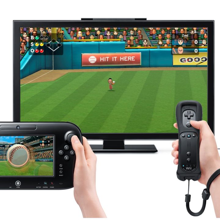 Someone holds a Wii remote and GamePad in front of a TV while playing Wii Sports Club.