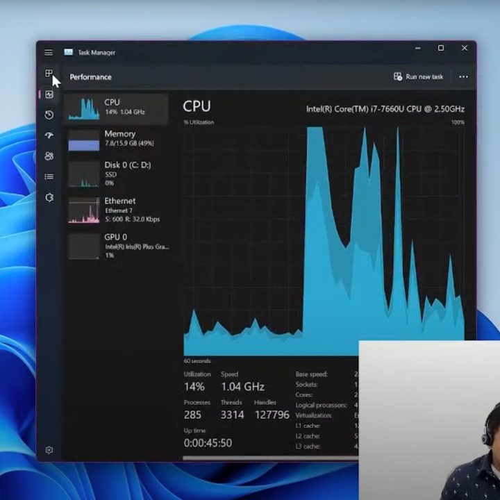 A unsupported CPU in Windows 11's Task Manager.
