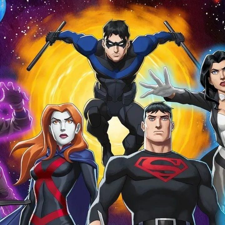 Rocket, Miss Martian, Nightwing, Superboy, and Zatanna on a poster for Young Justice Phantoms.
