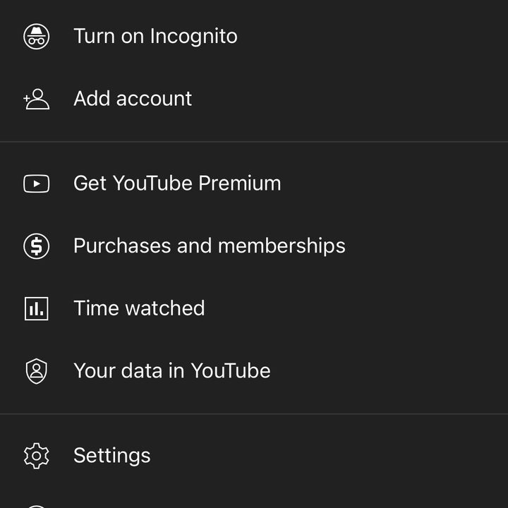 The YouTube app "Account settings" page.