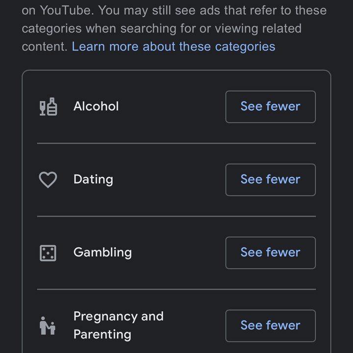The YouTube Ad Settings feature that lists "alcohol," "dating," "gambling," "pregnancy and parenting," and "weight loss."