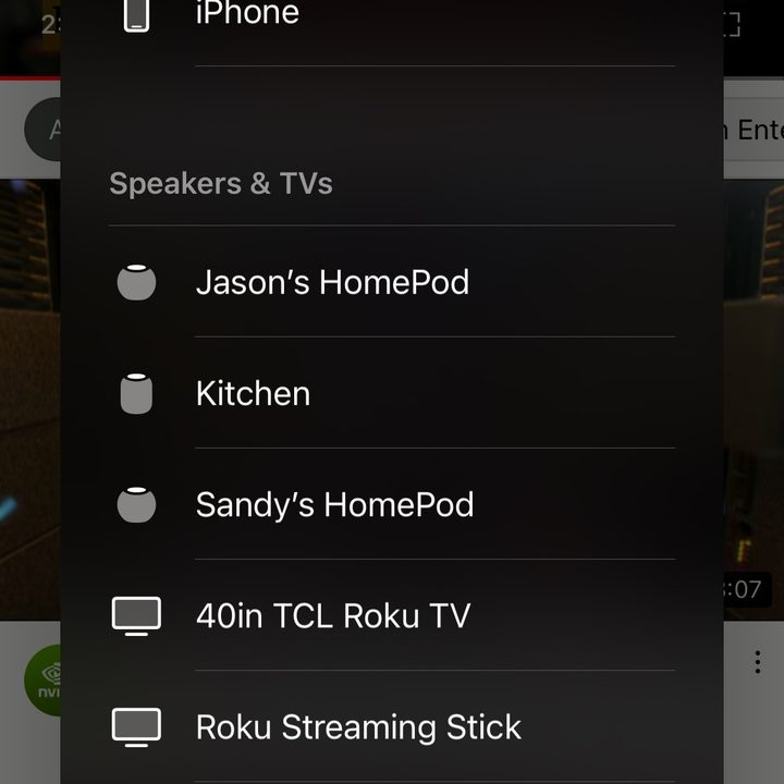 AirPlay devices available in the YouTube app.