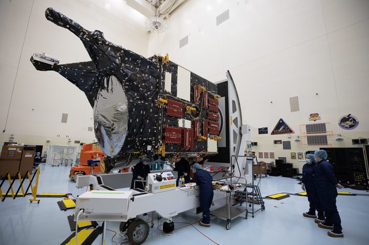 The Psyche spacecraft sits in the Payload Hazardous Servicing Facility at NASA’s Kennedy Space Center in Florida.