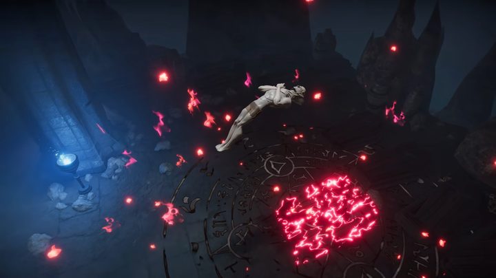 A vampire floating in a crypt.