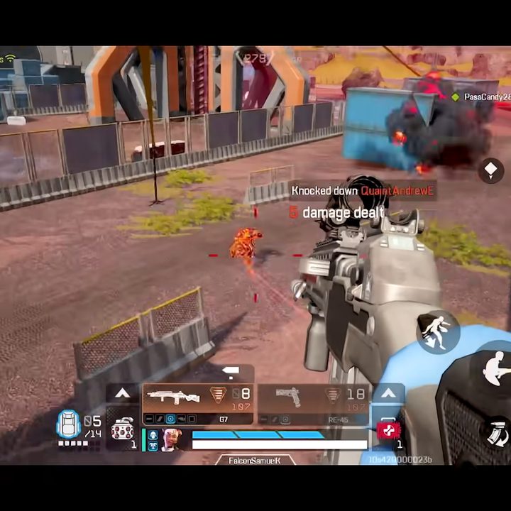 A player shoots an enemy while on a zipline.
