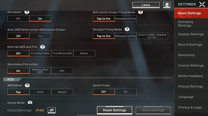 Advanced settings in Apex Legends Mobile.