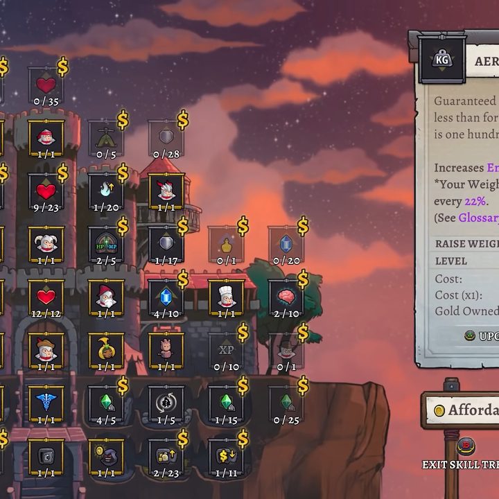 A castle-themed upgrade tree in Rogue Legacy 2.