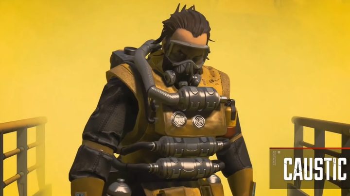 Caustic standing in some yellow smoke.