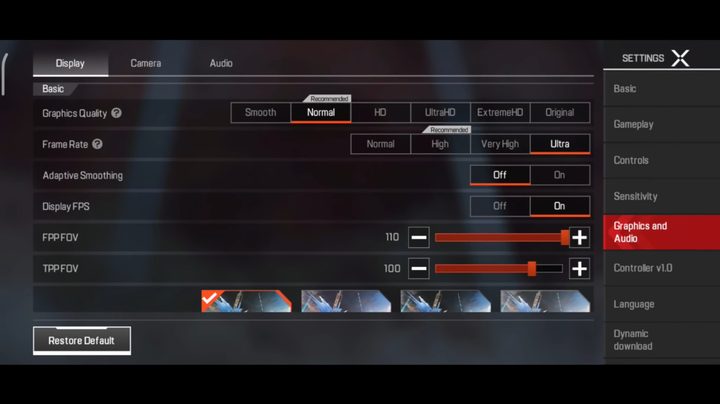 Graphical options in Apex Legends Mobile.