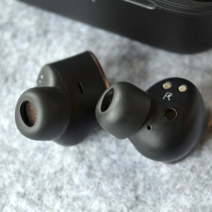 Detail of the 1More Evo, showing the silicone ear tips.
