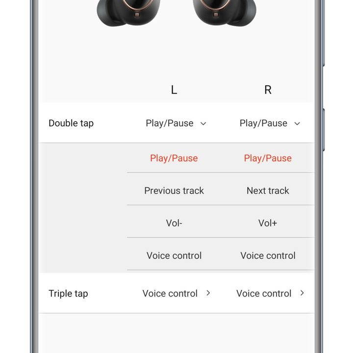 Screenshot of the 1More Music app, showing the control customization options.