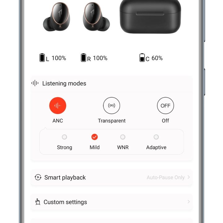 Screenshot of the 1More Music app, showing the ANC settings