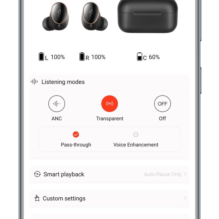 Screenshot of the 1More Music app, showing the transparency settings