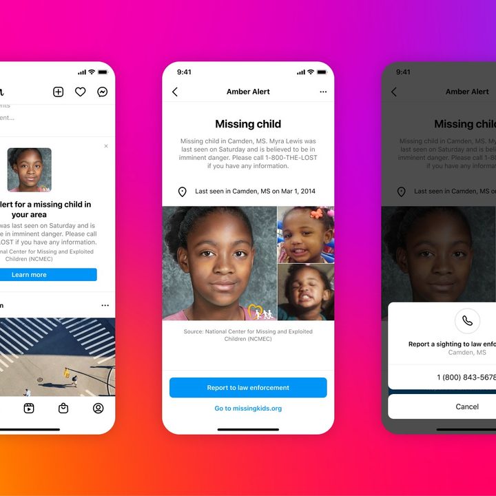 Three Instagram mobile app screenshots showing Instagram's new AMBER Alerts feature.