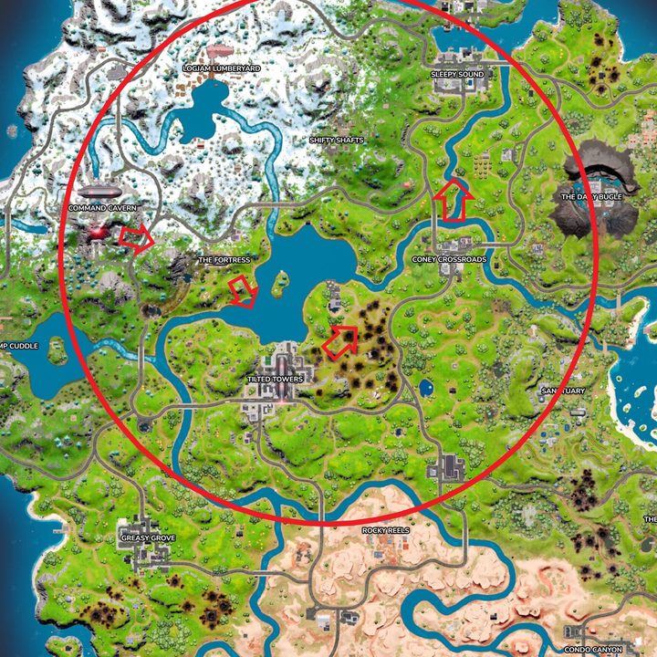 Map of many locations in Fortnite.