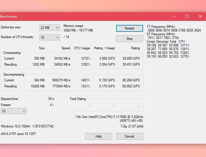 Screenshot of 7-Zip benchmarking.