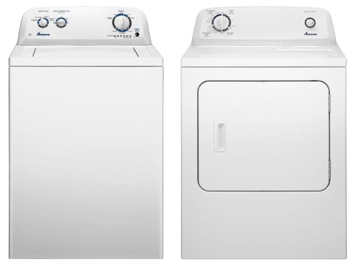 A top load washer and electric dryer by Amana, on a white background.