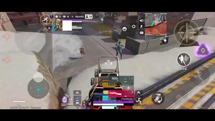 Aiming a shotgun at two enemies below.