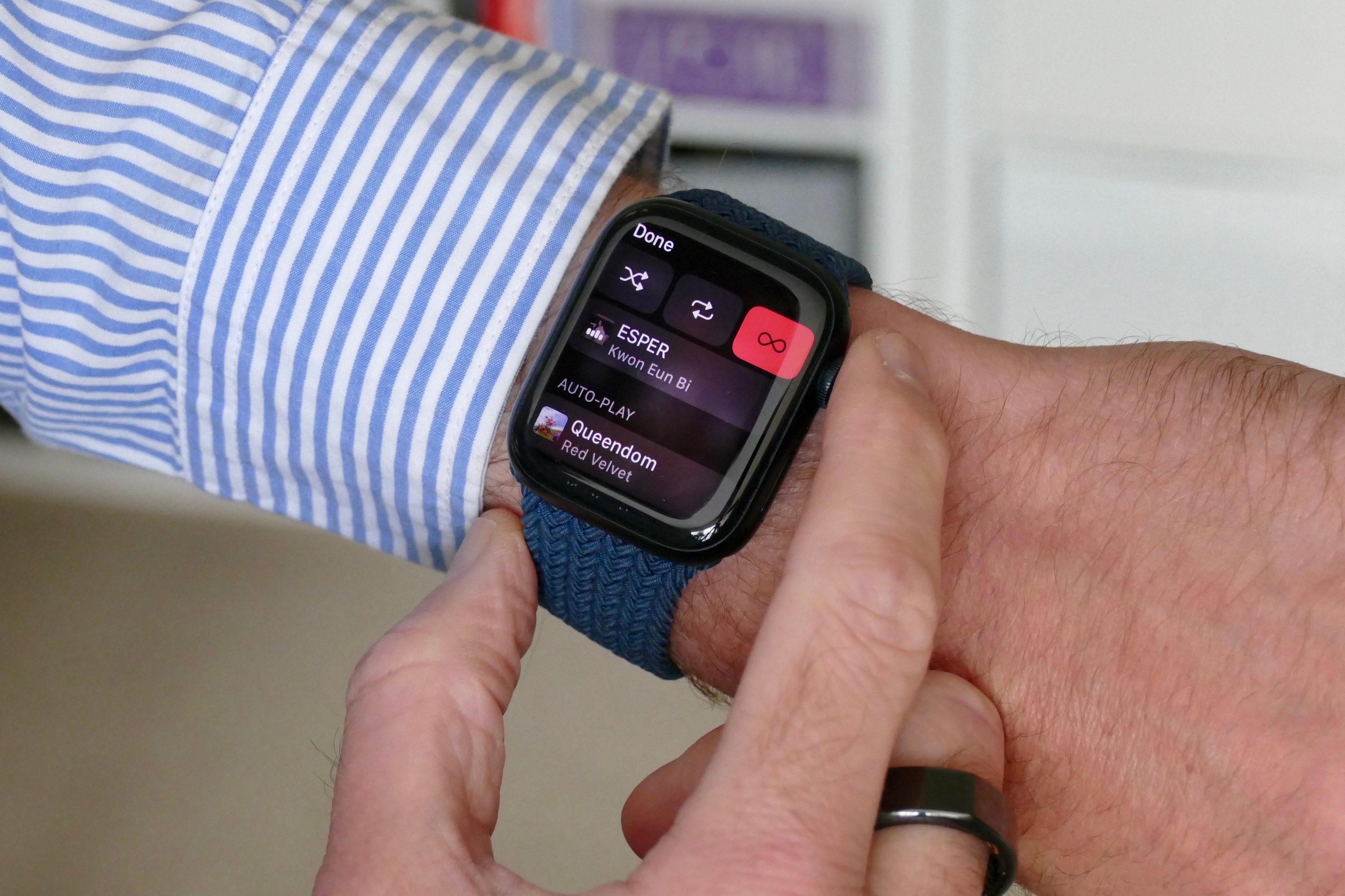Music controls on the Apple Watch Series 7.