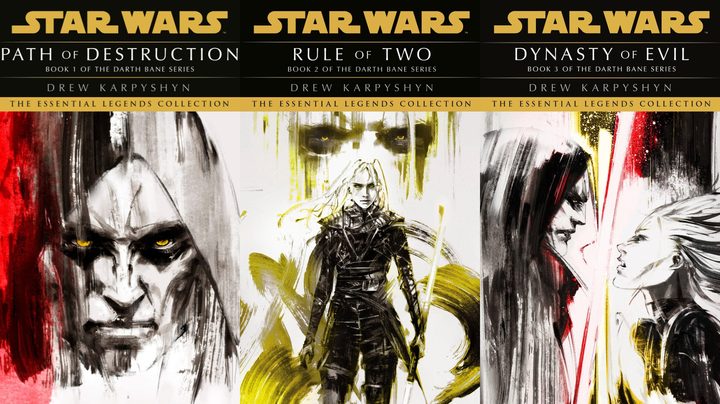 Split image of the reprinted editions of the Darth Bane trilogy.