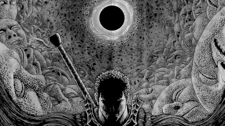 A silhouette over Guts' face with the Eclipse and its horrors looming behind him in Berserk.