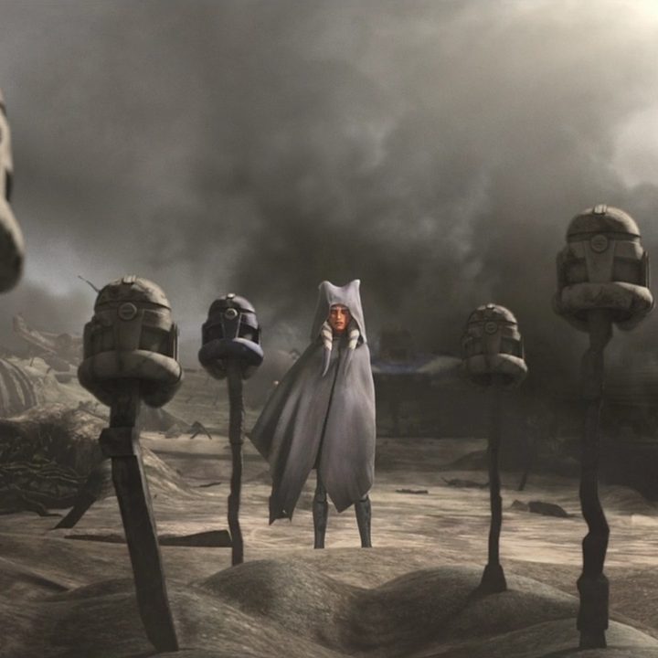 Ahsoka standing before the graves of her fallen friends and comrades in The Clone Wars series finale.