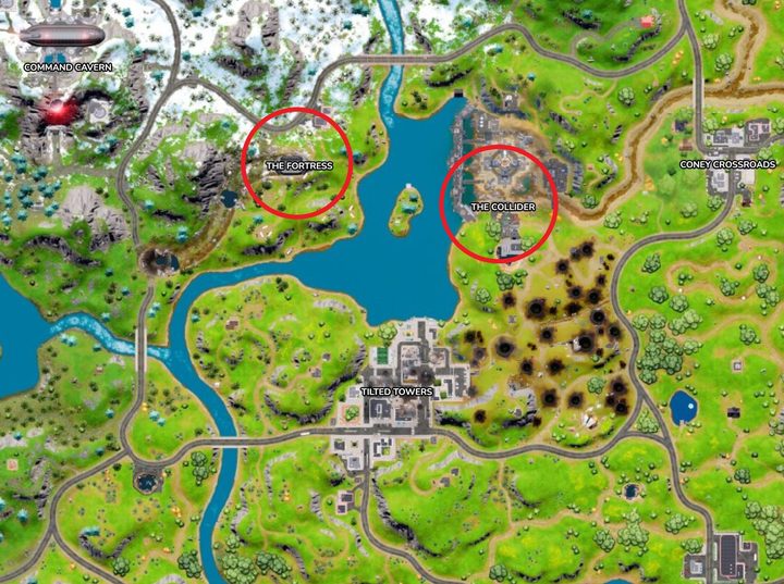 Map of Fortress and The Collider in Fortnite.