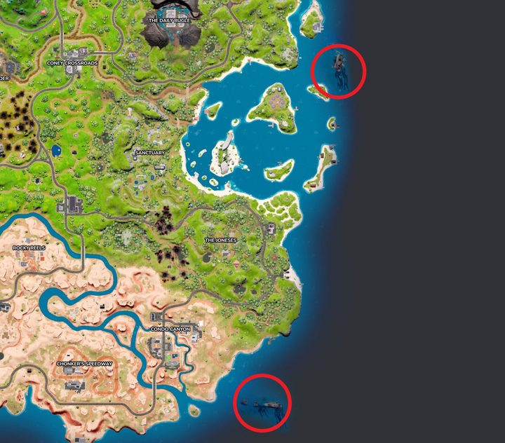 Map of IO crash sites in Fortnite.