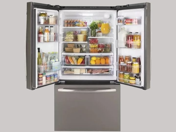 GE 36-Inch French Door Refrigerator with upper doors open.