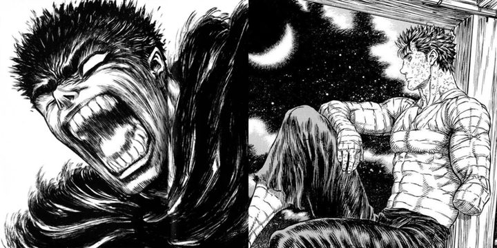 Split image of Guts in a fit of rage in a moment of peace sitting at a window in Berserk.