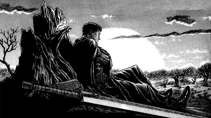 Guts resting by an uprooted tree with the sunset in the background.
