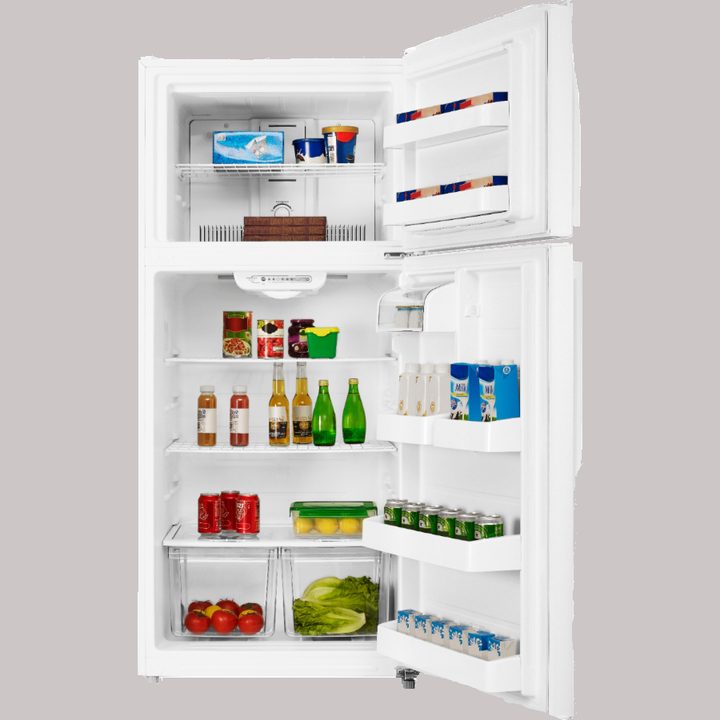 Insignia top-freezer refrigerator with doors open and shelves partially loaded.