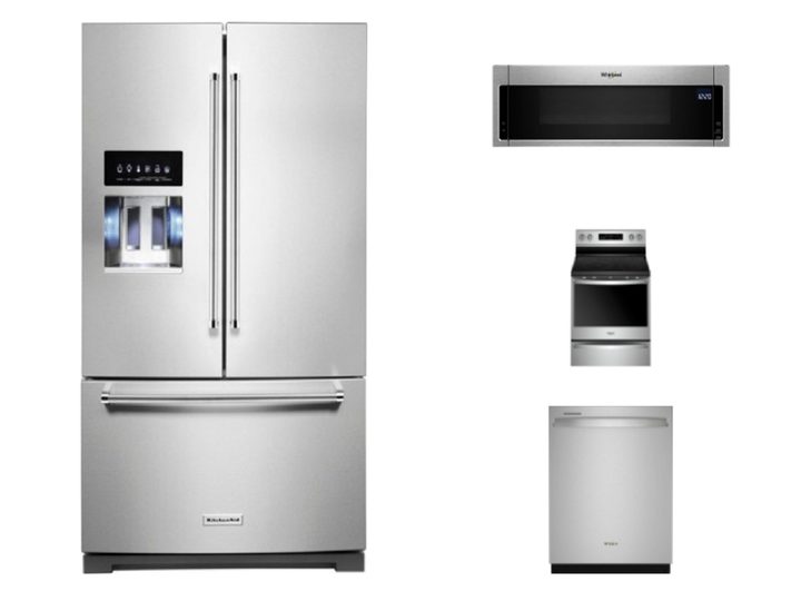 A KitchenAid appliance package that includes a French door refrigerator.