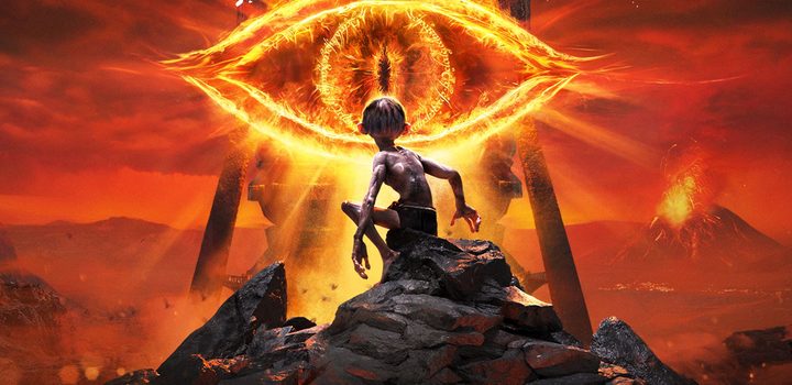 Gollum stares at the eye of Sauron in The Lord of the Rings: Gollum key art.