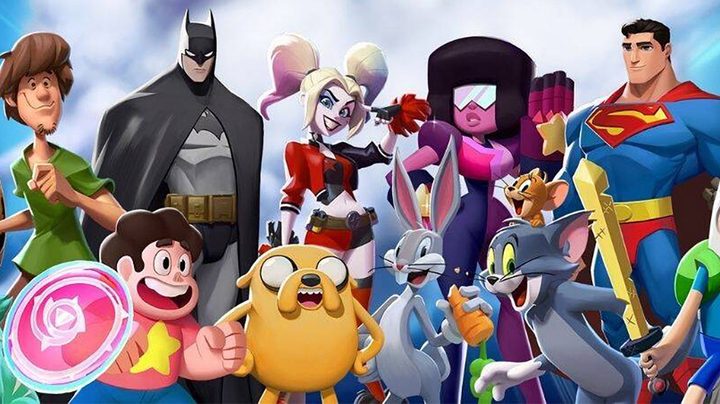 A large group of DC and Warner Bros characters stand together in MultiVersus.