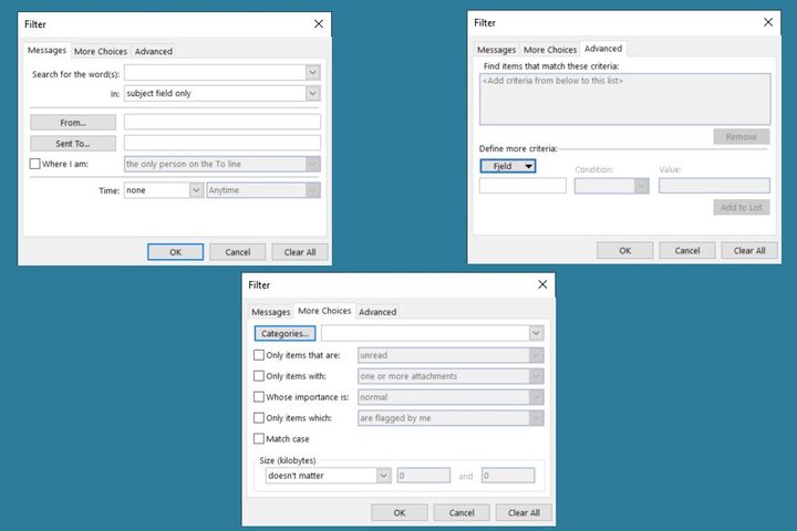 Conditional formatting rule setup options in Outlook.