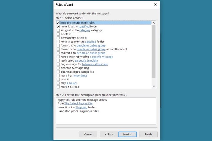 Available actions for an Outlook rule.