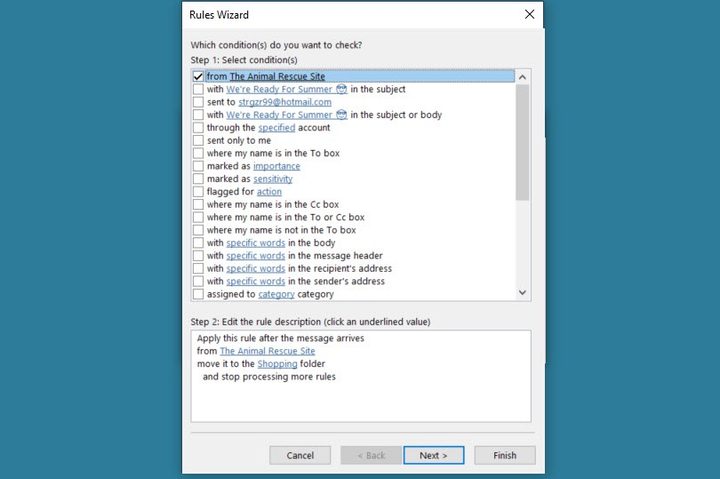 Available conditions for an Outlook rule.