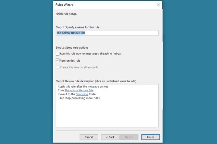 Final steps to finish setting up an Outlook rule.