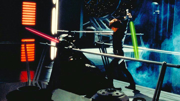 Luke Skywalker duels Darth Vader in Return of the Jedi.