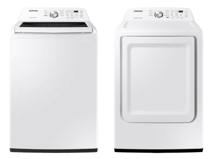 A package from Best Buy that includes a washer and dryer by Samsung.