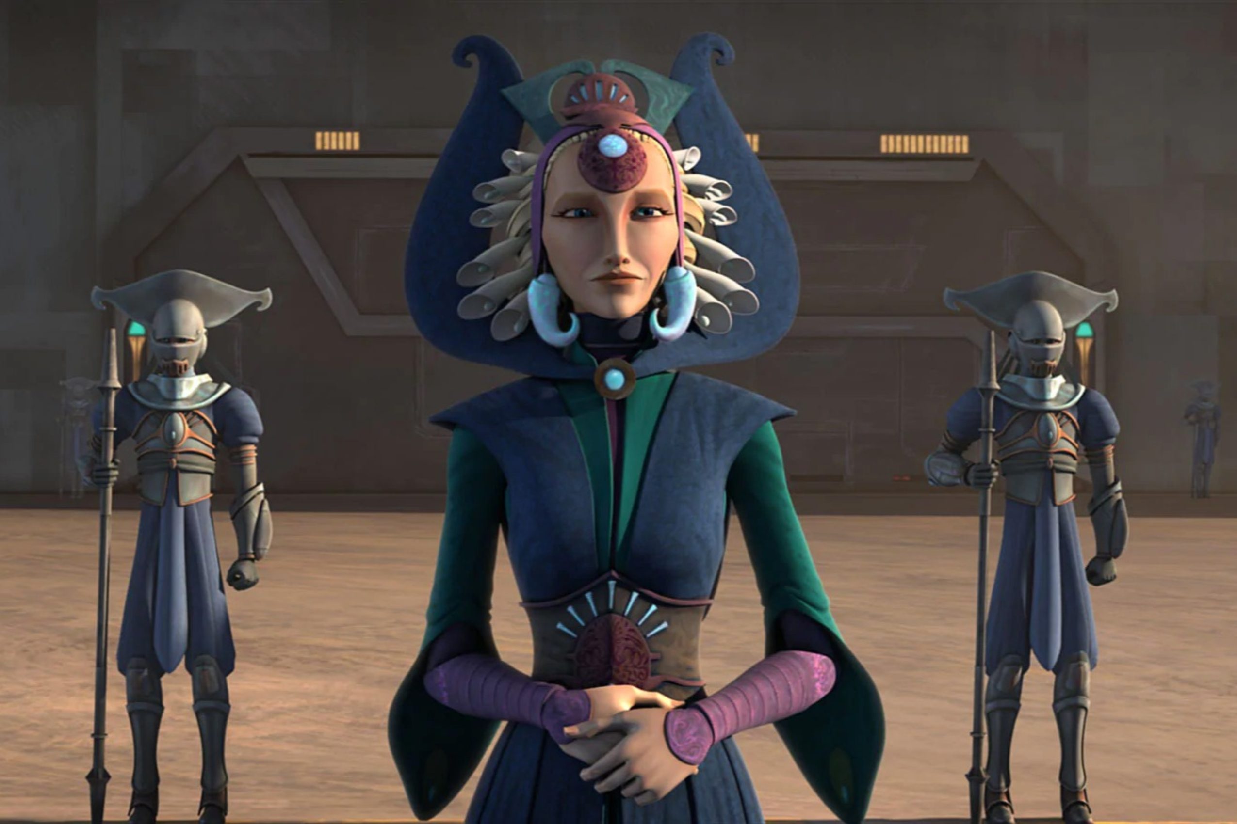 Satine Kryze looks regal in an episode of Star Wars: The Clone Wars