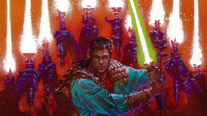 A Jedi wielding a green lightsaber and more in the background of Tales of the Jedi comic art.