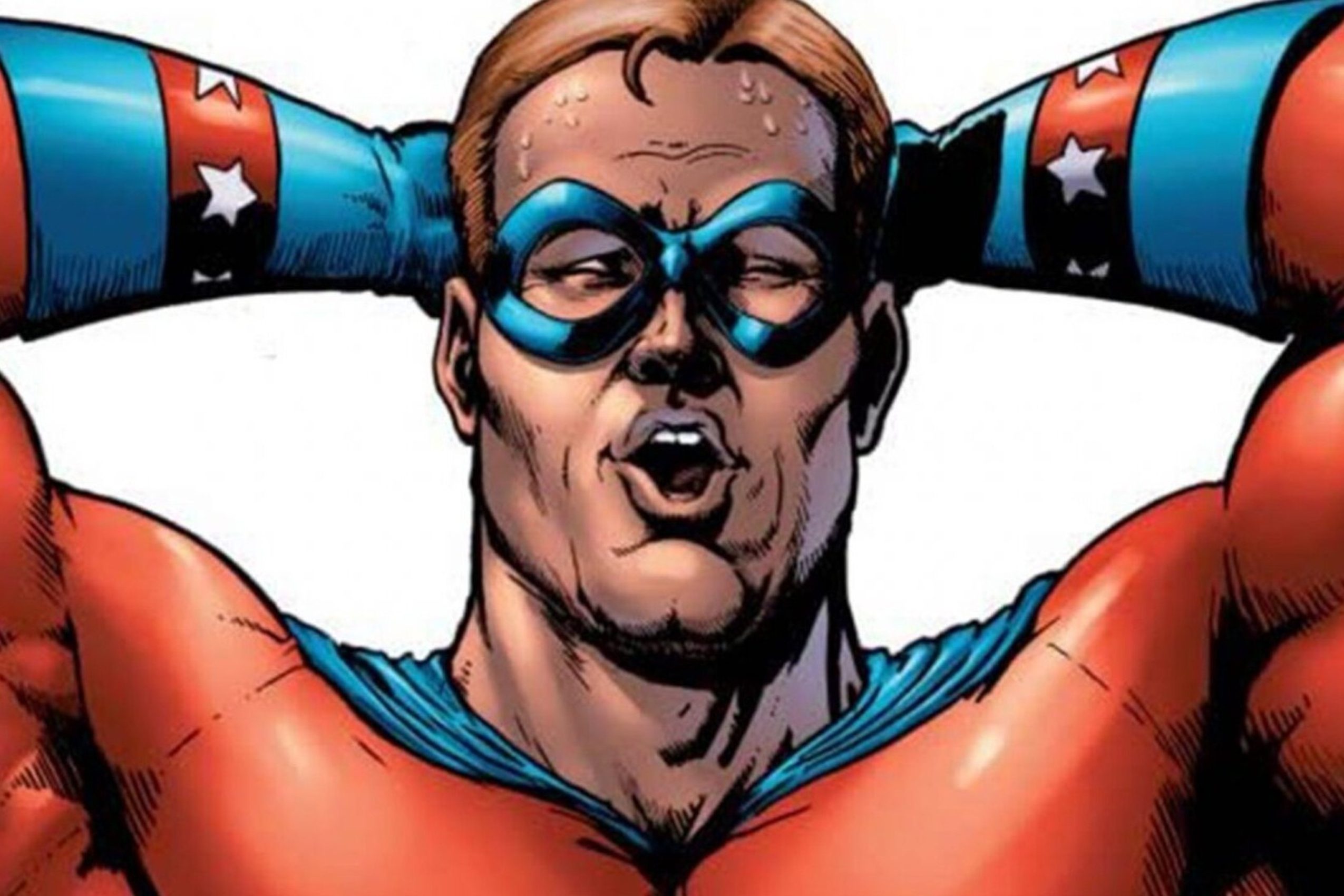 A supe is in a revealing position on the cover of Herogasm