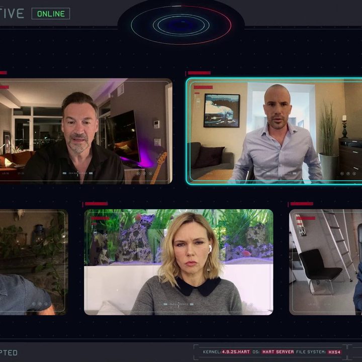 Chris Brochu, Aleks Paunovic, TJ Kayama, Veronica Ferres, and Martin Stenmarck videochatting in a scene from Zero Contact.
