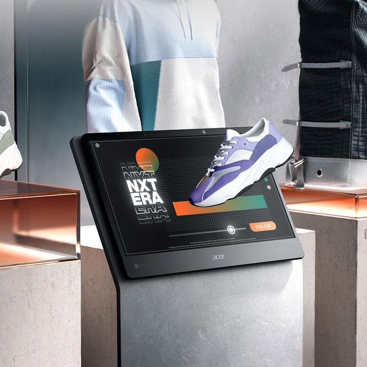 The Acer SpatialLabs View Pro as a retail kiosk that shows a 3D model of trainers.
