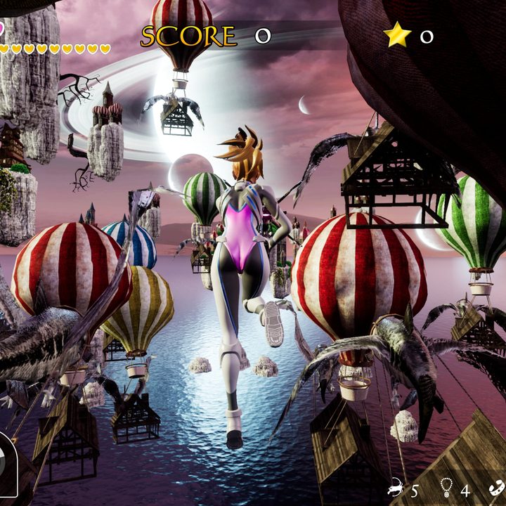 A character flies through a sky full of balloons in Air Twister.