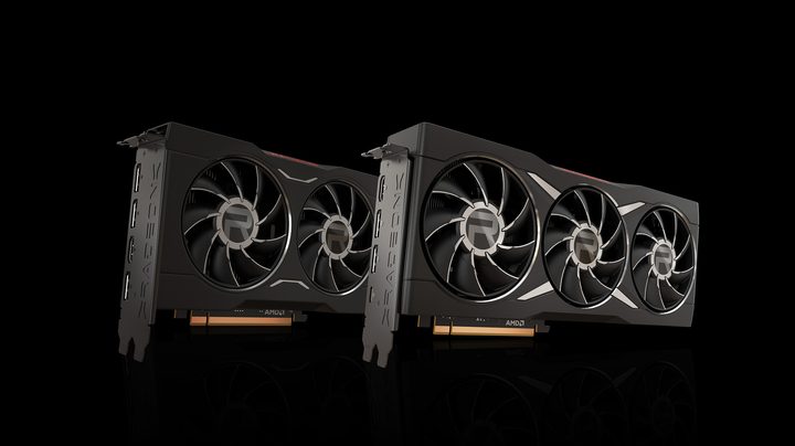 AMD Radeon RX 6000 graphics cards over a black background.